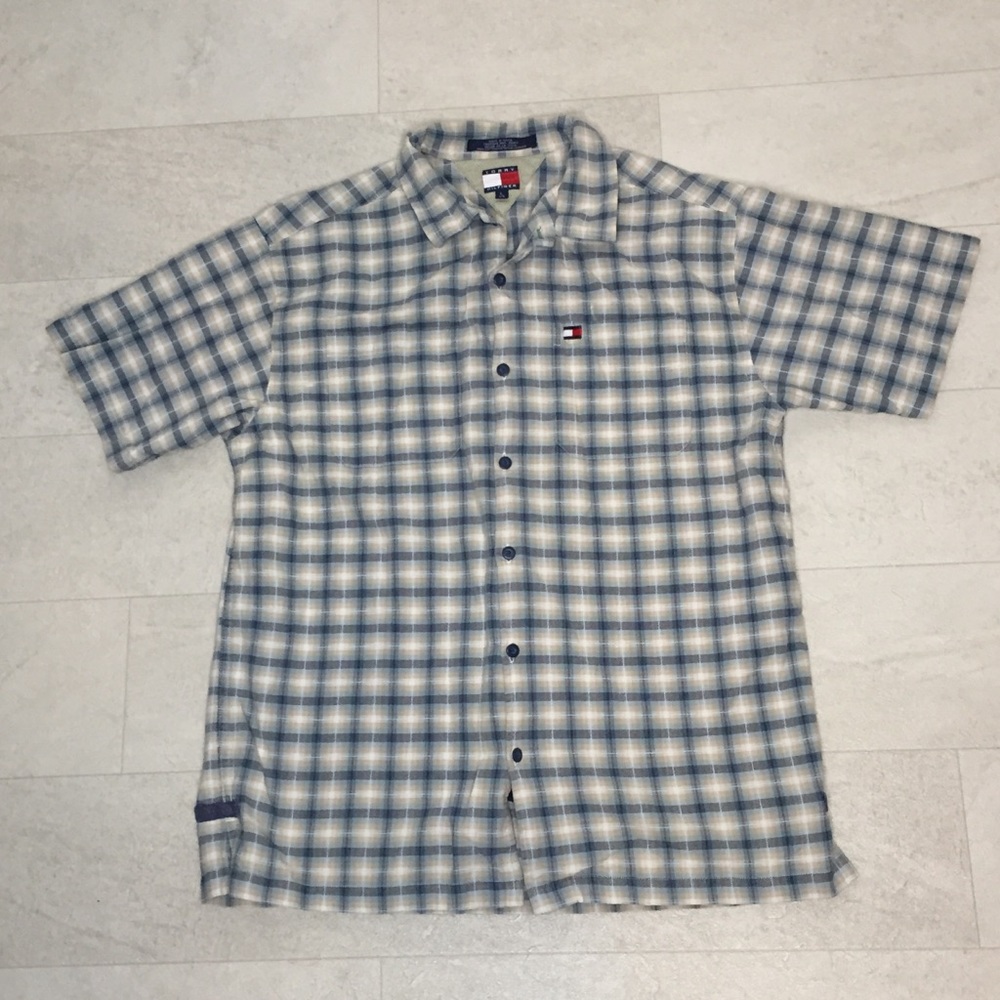 Vtg Tommy Hilfiger Shirt Sz L Plaid S/S Logo